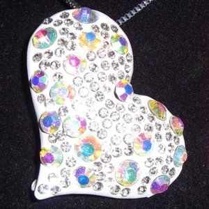 AB Crystals on White Enamel Heart Necklace or Pin